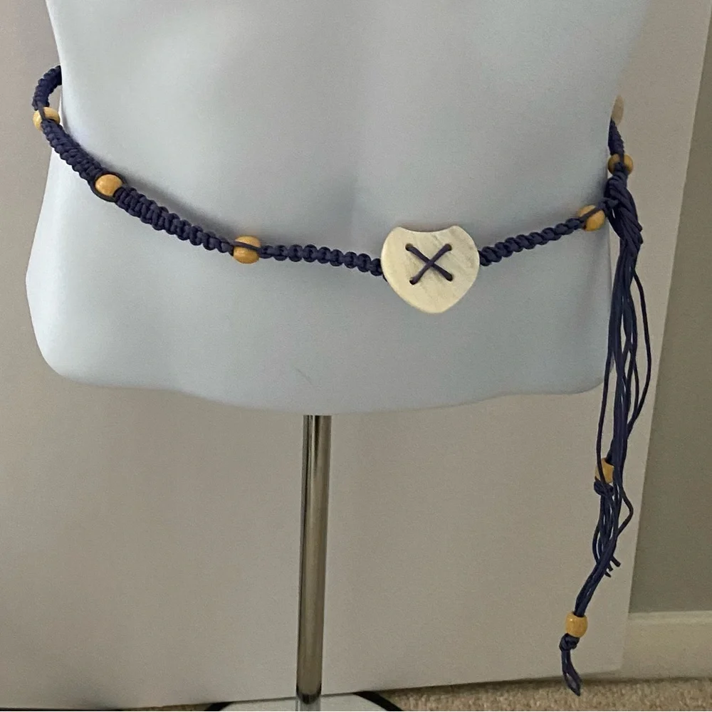 Boho Macramé Navy Waist Belt with Shell Heart Accents ~54 inches long